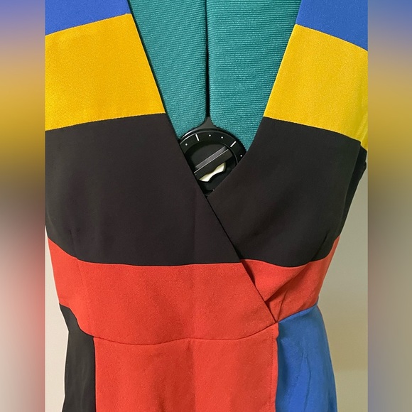 BCBGMaxAzria Colorblock Faux Wrap Asymmetrical Peplum Top Tunic Blouse / Sz M - Picture 6 of 15